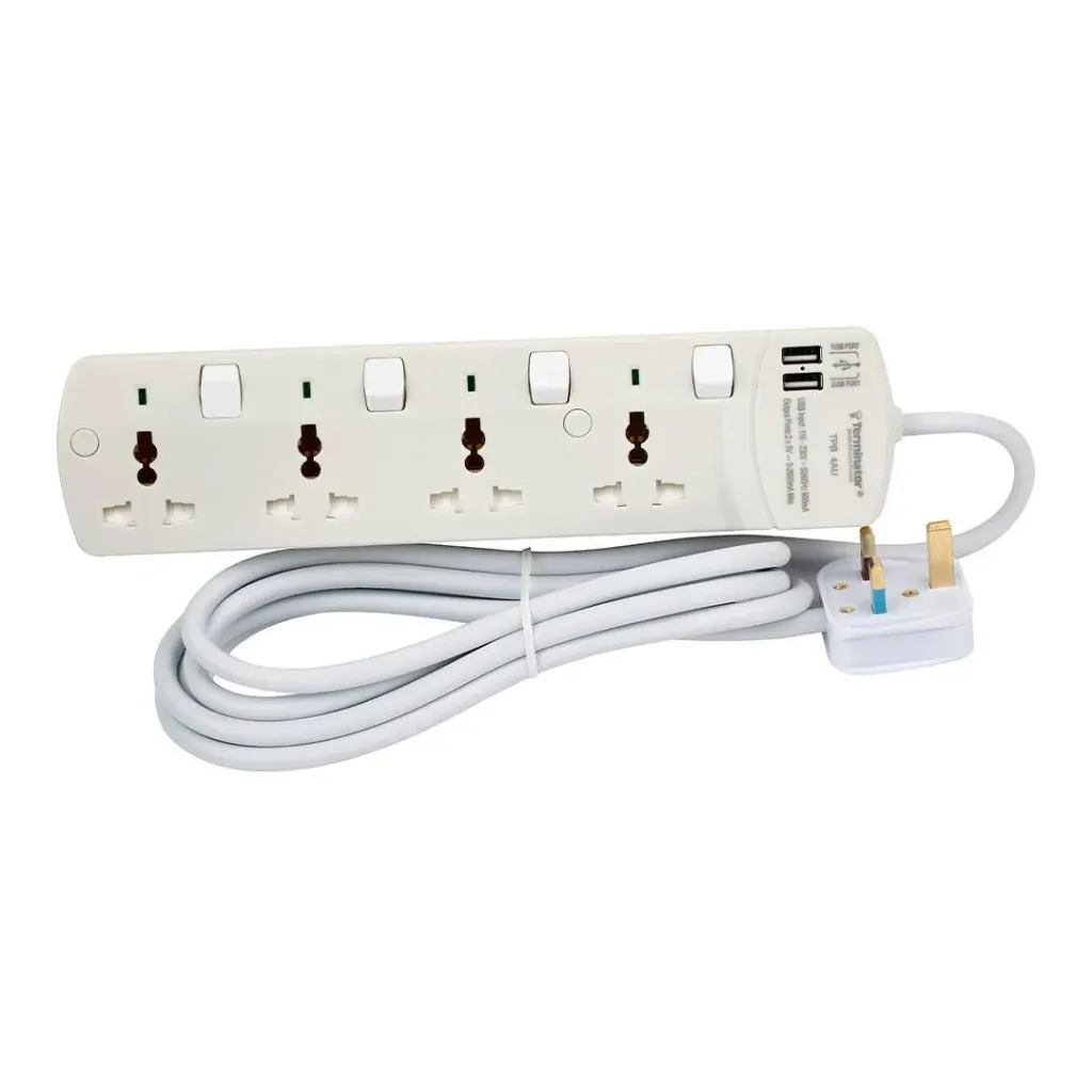 Terminator Power Extension 4 Socket 2 USB Charging Ports with 3 Meter ...